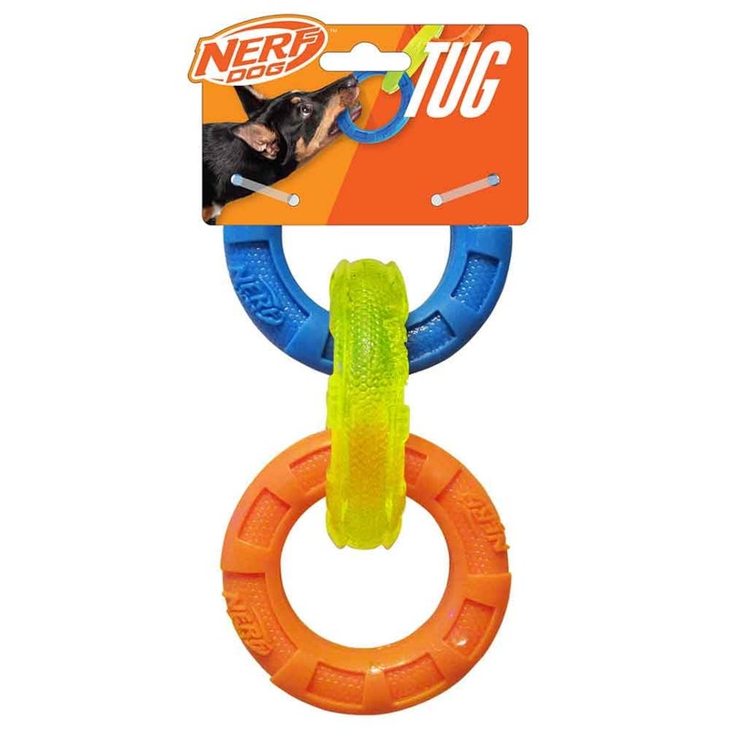 Nerf Dog 3-Ring Tug Outdoor Dog Toy, 7.5 Inch Ring Dog Tug Toy for Puppies and Small Breeds, Blue/Green/Orange - Image 1
