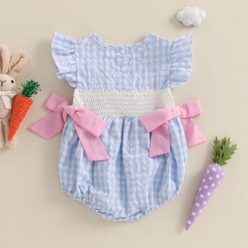 MoZiKQin Baby Girl Easter Outfit Newborn Bunny Plaid Bubble Romper Bowknot Ruffle Bodysuit Smocked Baby Clothes (Bunny Embroidered-blue, 0-3 Months) - Image 3