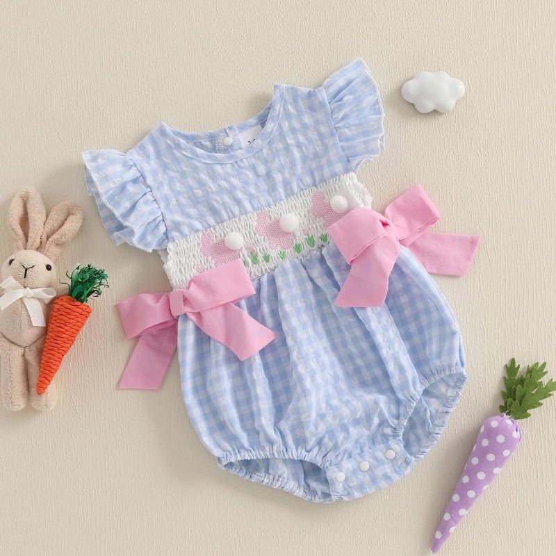 MoZiKQin Baby Girl Easter Outfit Newborn Bunny Plaid Bubble Romper Bowknot Ruffle Bodysuit Smocked Baby Clothes (Bunny Embroidered-blue, 0-3 Months) - Image 2