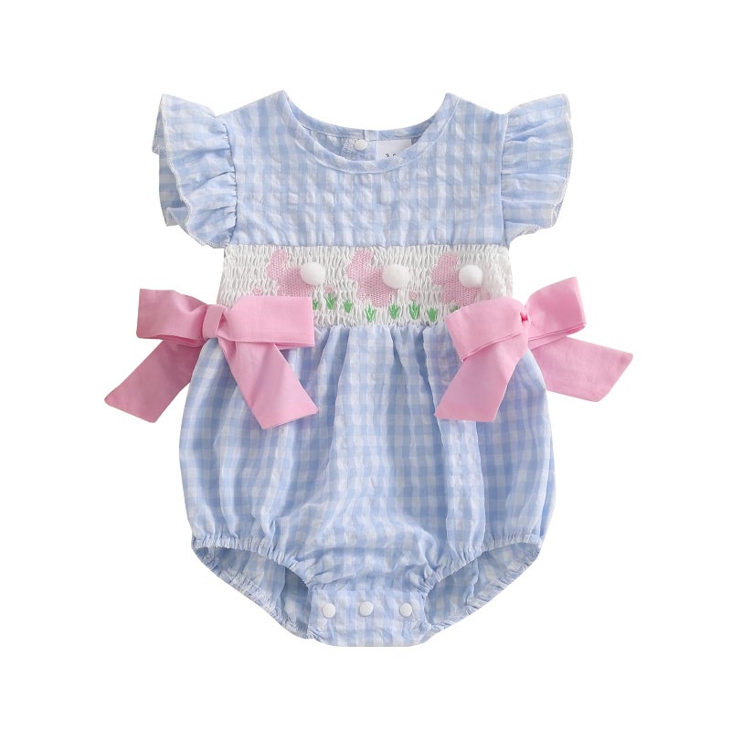 MoZiKQin Baby Girl Easter Outfit Newborn Bunny Plaid Bubble Romper Bowknot Ruffle Bodysuit Smocked Baby Clothes (Bunny Embroidered-blue, 0-3 Months) - Image 1