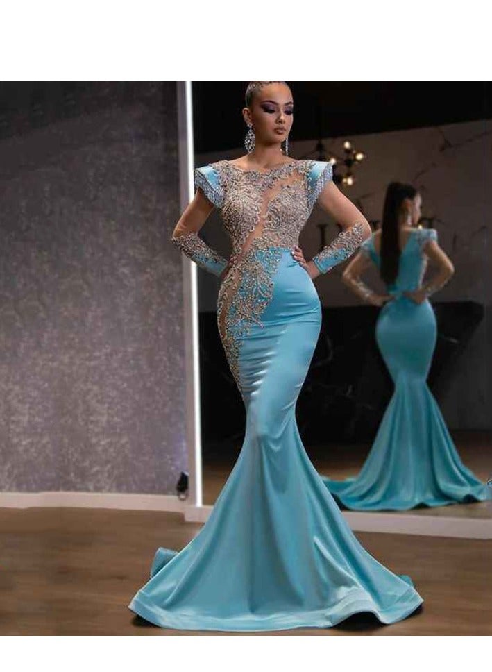 NIBEMINENT فستان ذيل سمكة أزرق فاتح مع ترتر طويل لحفل عشاء، فستان سهرة أنيق ونحيف للنساء - Image 1