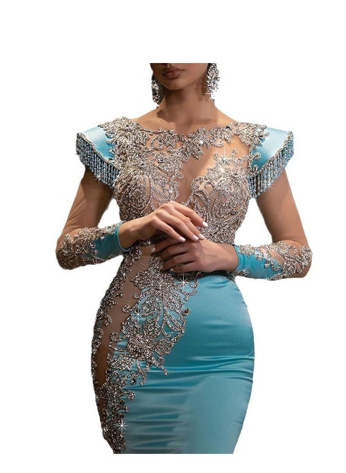 NIBEMINENT فستان ذيل سمكة أزرق فاتح مع ترتر طويل لحفل عشاء، فستان سهرة أنيق ونحيف للنساء - Image 2