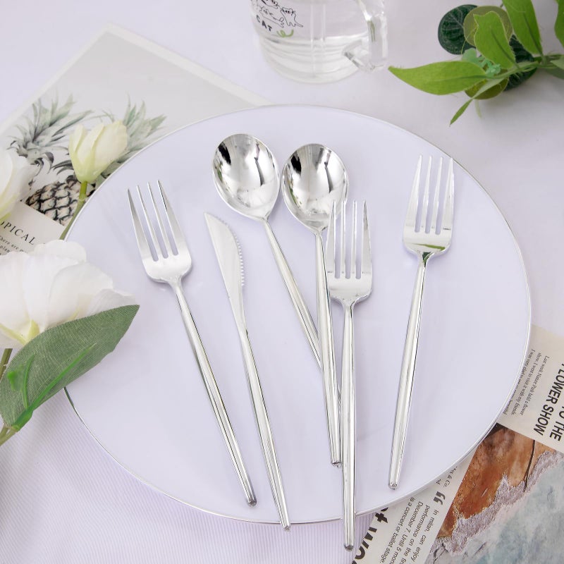 Rubtlamp 90Pcs Silver Plastic Silverware  Silver Plastic Utensils  Plastic Cutlery Include 30 Knives  30 Forks and 30 Spoons  Silverware Heavy Duty For Party  Wedding - Image 2