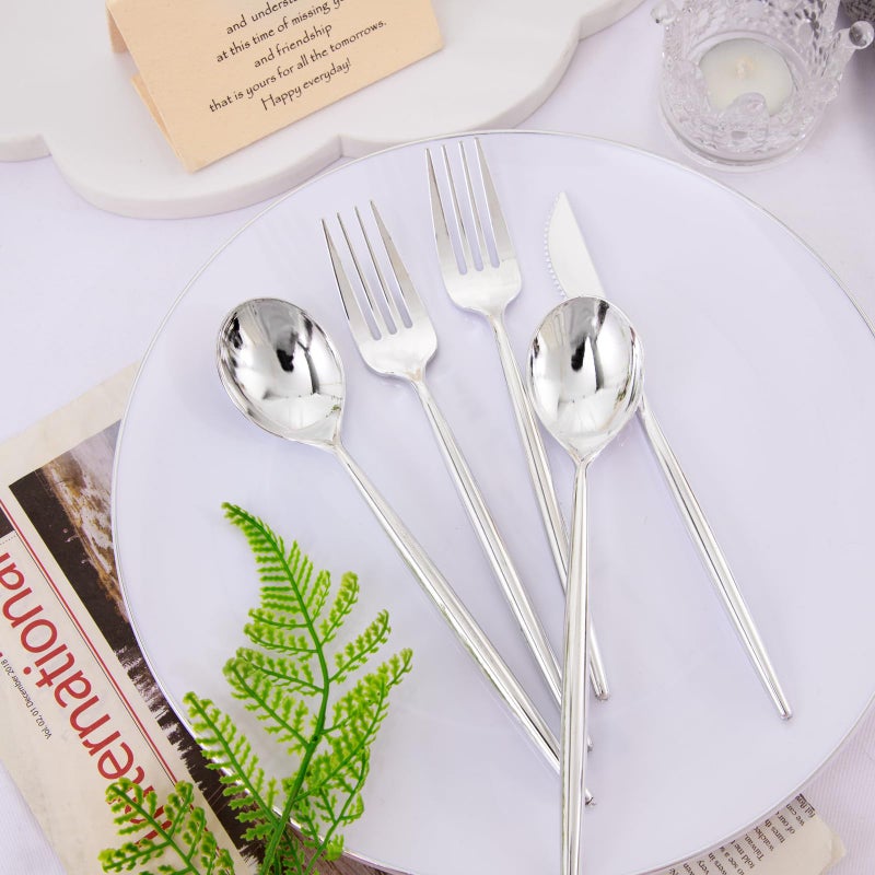 Rubtlamp 90Pcs Silver Plastic Silverware  Silver Plastic Utensils  Plastic Cutlery Include 30 Knives  30 Forks and 30 Spoons  Silverware Heavy Duty For Party  Wedding - Image 3
