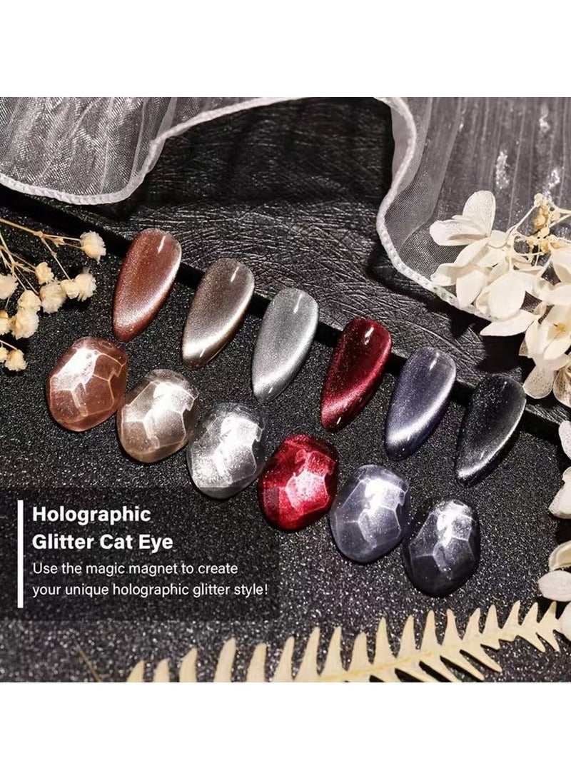 XEIJAYI 6 Pcs Holographic Glitter Cat Eye Gel Nail Polish Kit, with Magnet, Rainbow Pastel Color Magnetic Nail Polish Gel, for Women Girls, Soak Off UV Polish Kit, Silver, Red, Black, Blue, Nude - Image 3