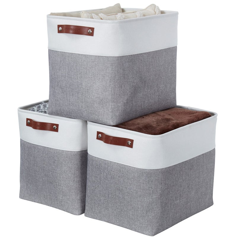 DECOMOMO Storage Baskets Large Storage Bins 545L Fabric Baskets for Organizing Laundry Nursery Toys Cloth Linen Closet Organizers with Handles Grey and White XXXL Jumbo3P 17 x 13 x 15