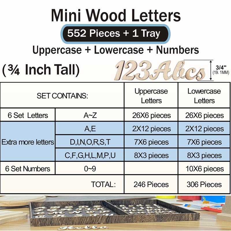 Cregugua 552 Pieces 0.75 Inch Mini Unfinished Wooden Letters Uppercase & Lowercase Unpainted Wooden Numbers Blank Wood Letters Storage for Scrapbooking Crafts - Image 2