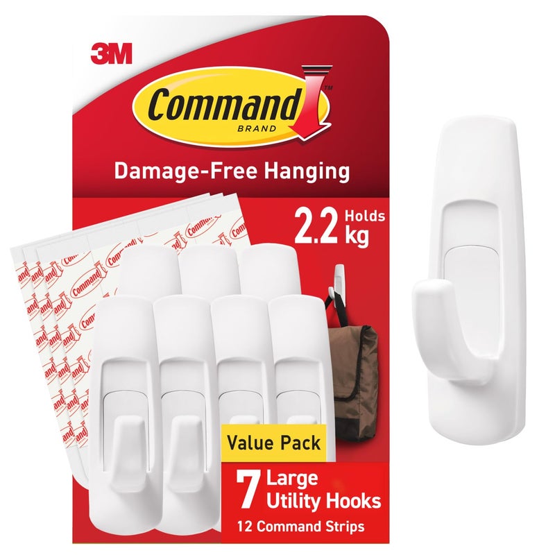 كوماند Command Large Utility Hooks, White, 7 Hooks and 12 Adhesive Strips - Image 1