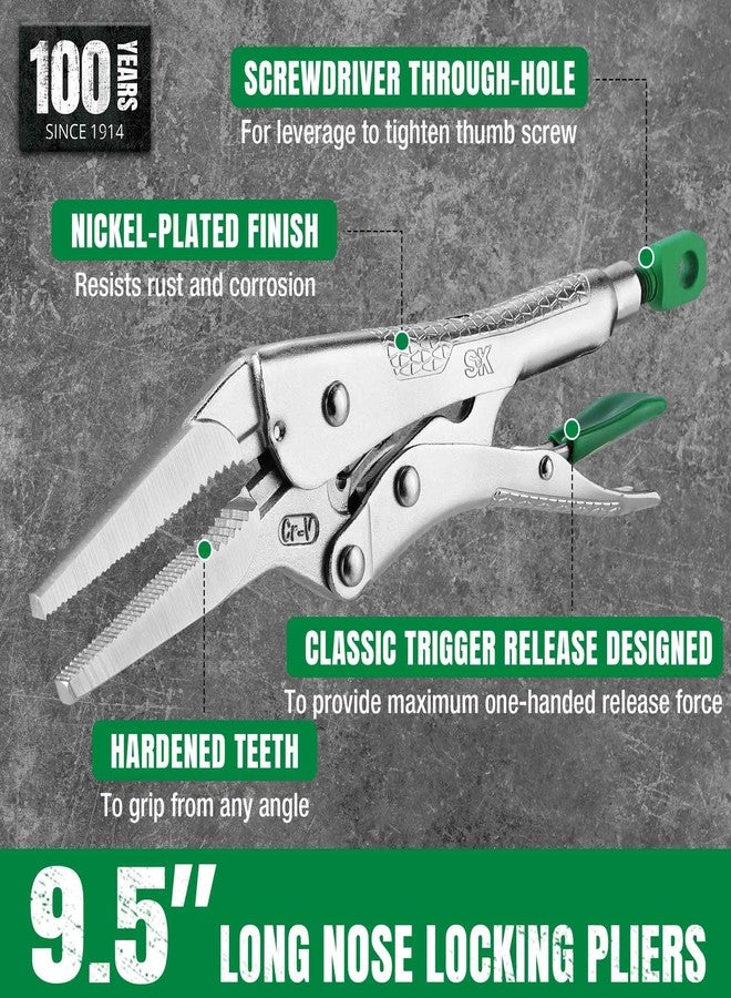 SK 9.5" Long Nose Locking Pliers, Premium CR-V Construction, Ergonomic Anti-slip Handle, Ideal for Welding or Assembly - Image 3