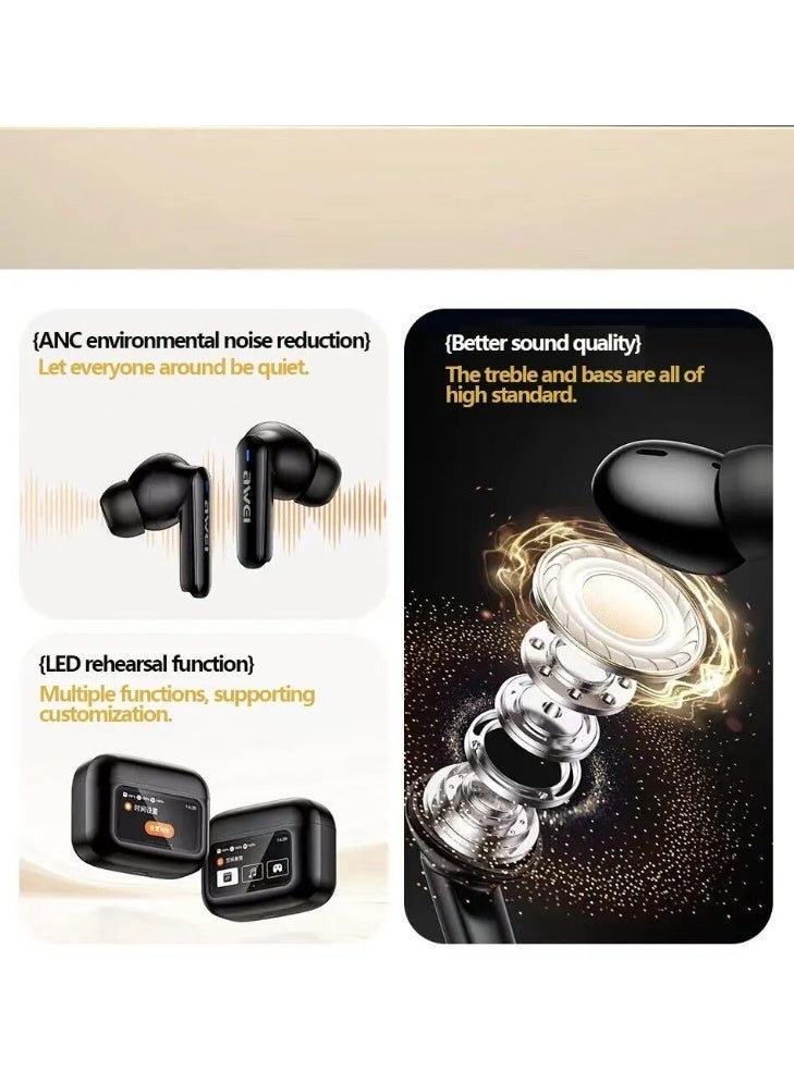 Awei ANC Earbuds with LED Touch Screen | 42dB Noise Cancelling Bluetooth Earbuds | Hi-Fi Stereo Sound | 40H Battery Life | ENC Clear Call Mic | Fast Charging | IPX6 Waterproof | Type C | 1 Year Warranty - Image 4