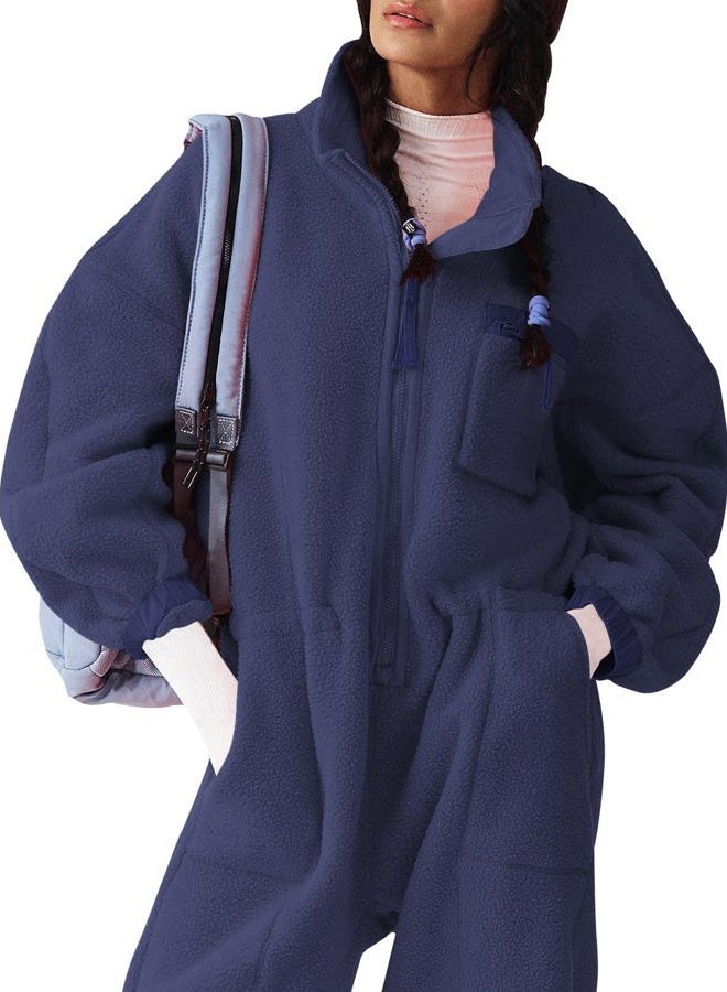 Yousify Winter Clothes for Women Warm Fleece Jumpsuits Funnel Neck Collar Elasticated Waist Fuzzy Rompers with Pockets Navy Blue XL - Image 2