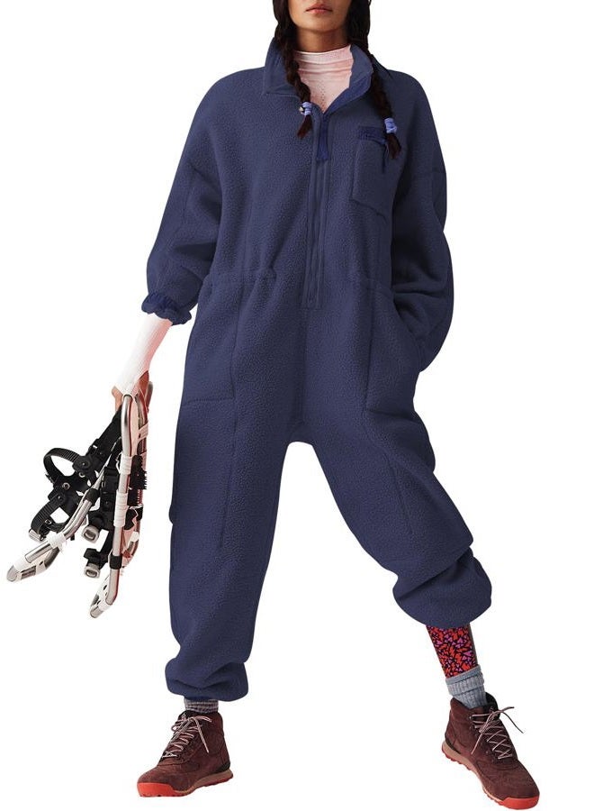 Yousify Winter Clothes for Women Warm Fleece Jumpsuits Funnel Neck Collar Elasticated Waist Fuzzy Rompers with Pockets Navy Blue XL - Image 4
