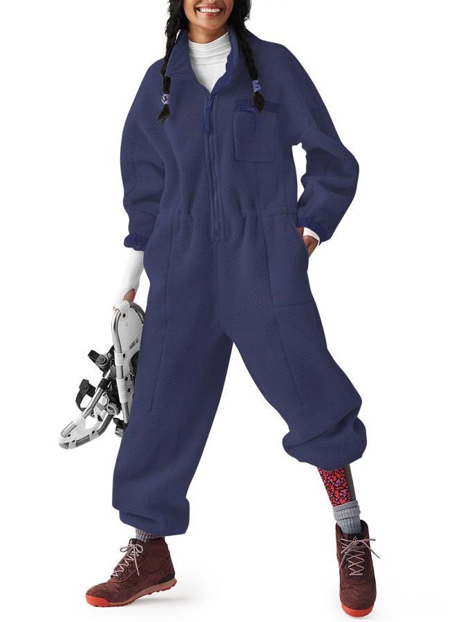 Yousify Winter Clothes for Women Warm Fleece Jumpsuits Funnel Neck Collar Elasticated Waist Fuzzy Rompers with Pockets Navy Blue XL - Image 1