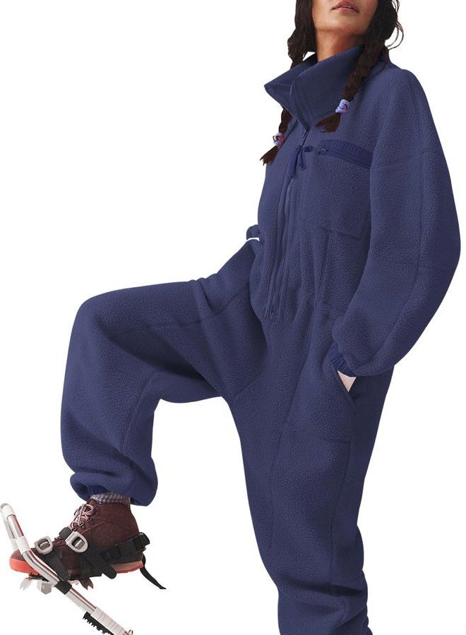 Yousify Winter Clothes for Women Warm Fleece Jumpsuits Funnel Neck Collar Elasticated Waist Fuzzy Rompers with Pockets Navy Blue XL - Image 3