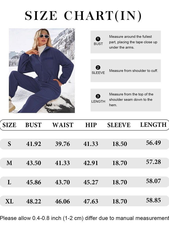 Yousify Winter Clothes for Women Warm Fleece Jumpsuits Funnel Neck Collar Elasticated Waist Fuzzy Rompers with Pockets Navy Blue XL - Image 5