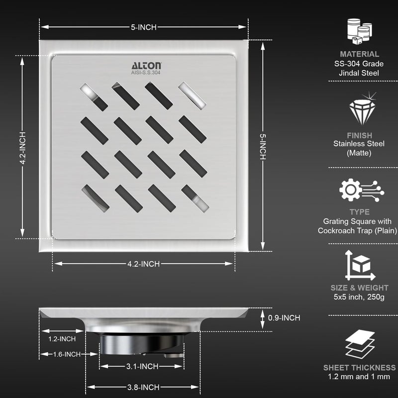 Alton ALTON ALD1003 SS304 Grade 5x5 INCH Plain Bathroom Grating Square Floor Drain Jali with ABS Cockroach Trap Matte - Image 2