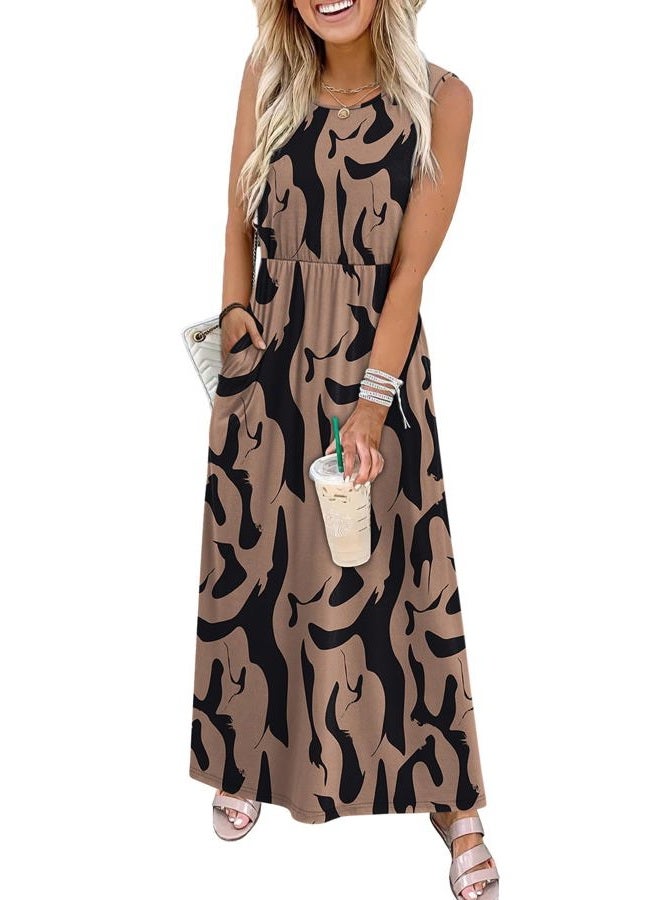 WIHOLL Summer Dresses Maxi Dress Vacation Beach Sundresses 2026 with Pockets, Patterned Brown, L - Image 2