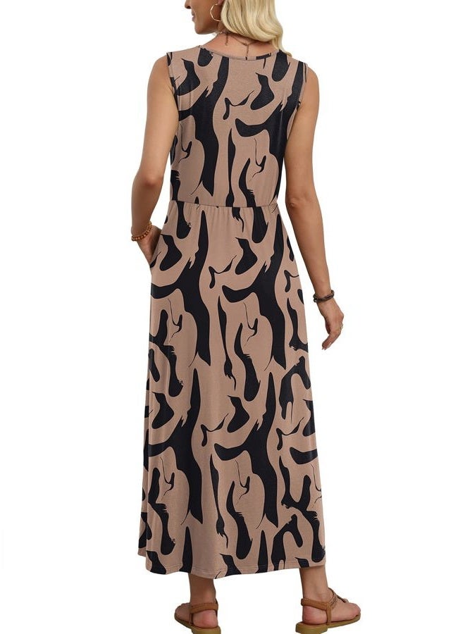 WIHOLL Summer Dresses Maxi Dress Vacation Beach Sundresses 2026 with Pockets, Patterned Brown, L - Image 5