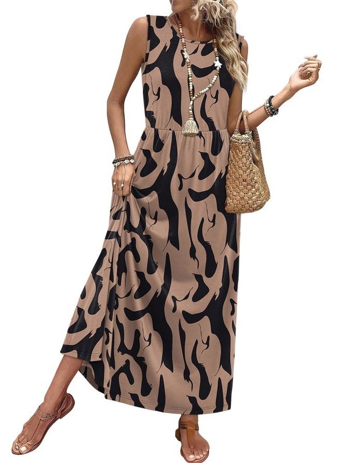 WIHOLL Summer Dresses Maxi Dress Vacation Beach Sundresses 2026 with Pockets, Patterned Brown, L - Image 1