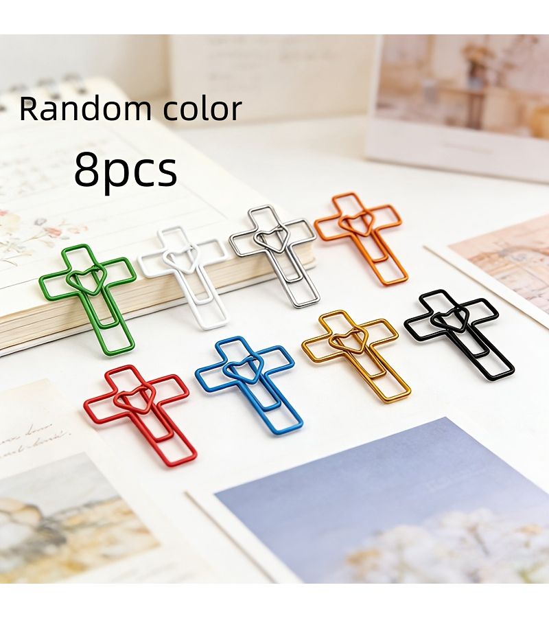 8pcs Polychrome Heart Shaped Cross Paper Clips, Learning And Work Stationery Bookmark Clips, Easter Egg Filler Items, Gifts For Valentine's Day, Teachers' Day, Women's Day, Mother's Day - Image 1