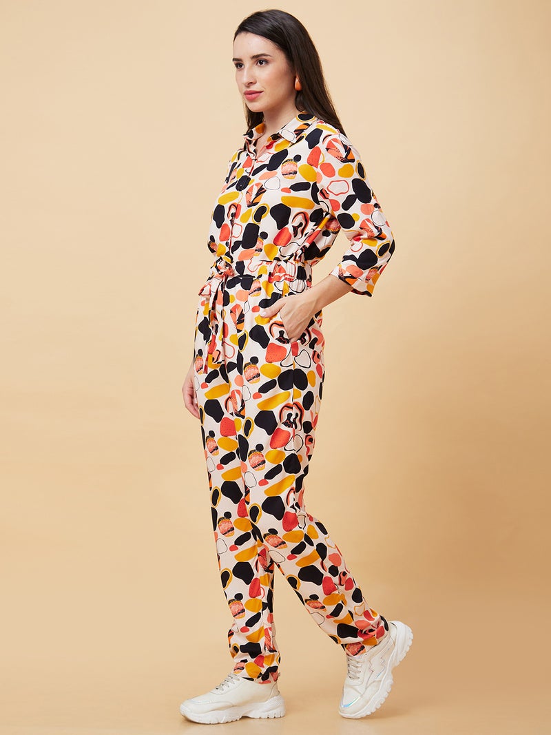globus Globus Women Beige Printed Shirt Collar Waist Tie-Up Basic Jumpsuit  - Image 3