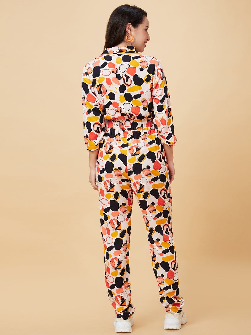 globus Globus Women Beige Printed Shirt Collar Waist Tie-Up Basic Jumpsuit  - Image 4