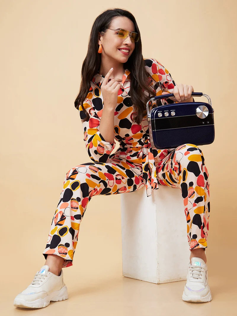 globus Women Beige Printed Shirt Collar Waist Tie-Up Basic Jumpsuit