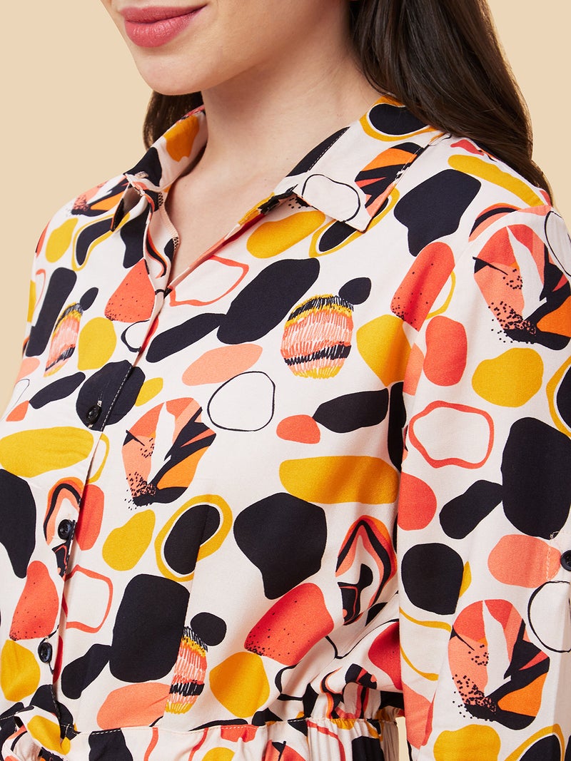 globus Globus Women Beige Printed Shirt Collar Waist Tie-Up Basic Jumpsuit  - Image 5