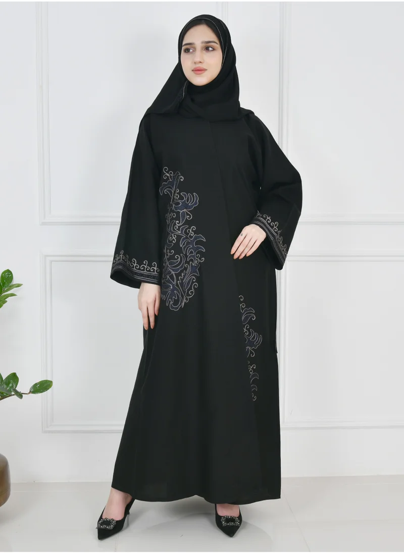 HAWRAA ABAYA Black wrap abaya, quarter cloche, with navy and gray embroidery and decorated with lobes