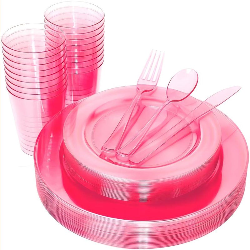 WDF 25 Guest Pink Plates with Pink Plastic SilverwarePink CupsNeon Clear Disposable Dinnerware include 50 Plates25Forks 25 Knives 25 Spoons25 Plastic Cups for Party and Baby Shower