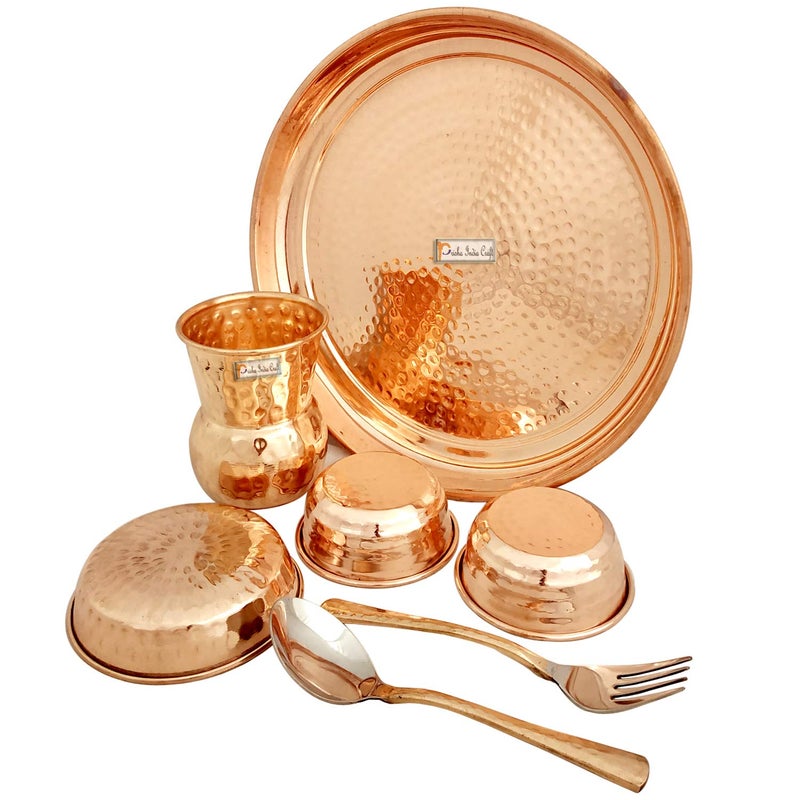 Prisha India Craft Pure Copper Hammered Design Dinner Thali Set, Serveware & Dinnerware, 7 Pieces - Image 2