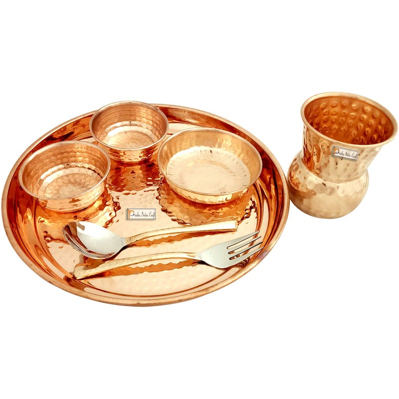 Prisha India Craft Pure Copper Hammered Design Dinner Thali Set, Serveware & Dinnerware, 7 Pieces - Image 1