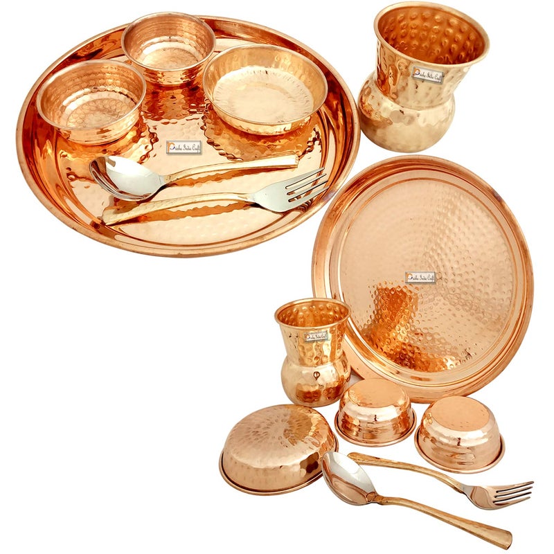 Prisha India Craft Pure Copper Hammered Design Dinner Thali Set, Serveware & Dinnerware, 7 Pieces - Image 3