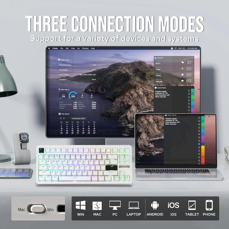 EPOMAKER TH85 QMK/VIA Wireless Gaming Keyboard, BT5.0/2.4GHz/USB-C, Hot Swappable Pre-lubed Custom Creamy Jade Linear Switches, Gasket Creamy Keyboard for PC/Mac/Office/Gaming (White) - Image 3