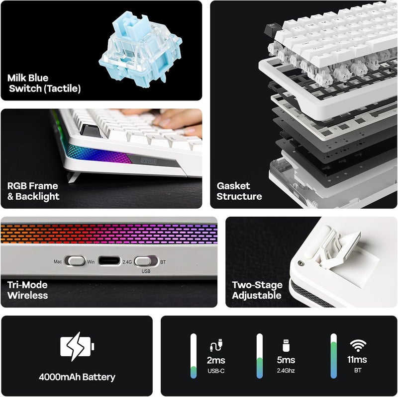 EPOMAKER TH85 QMK/VIA Wireless Gaming Keyboard, BT5.0/2.4GHz/USB-C, Hot Swappable Pre-lubed Custom Creamy Jade Linear Switches, Gasket Creamy Keyboard for PC/Mac/Office/Gaming (White) - Image 2