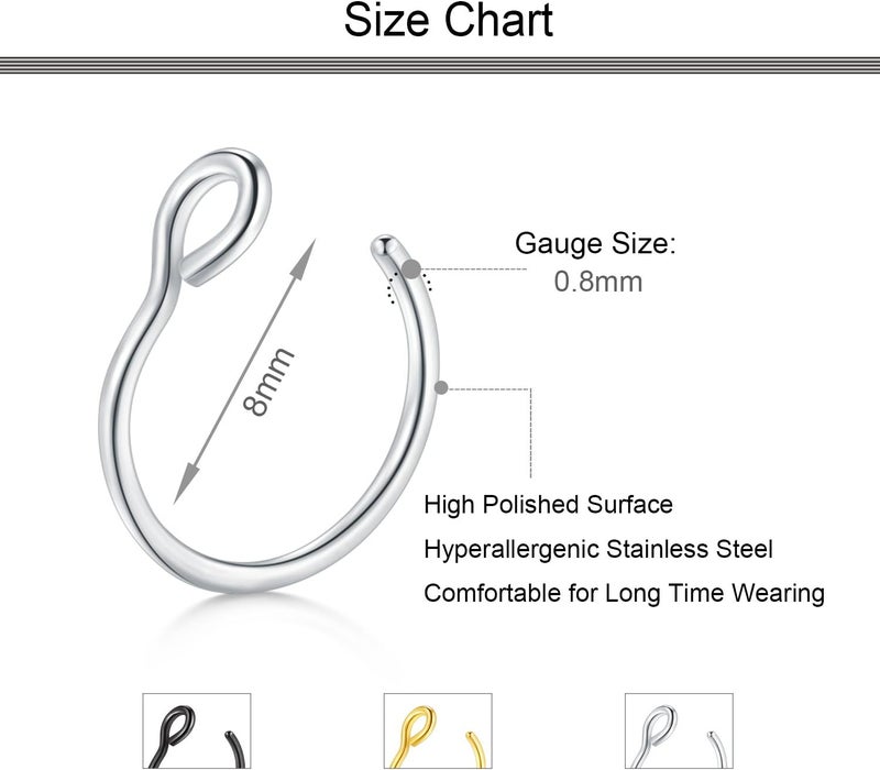 D.Bella 20G Fake Piercing Jewelry Hoop for Faux Lip Septum Nose Ring Set,8mm - Image 2