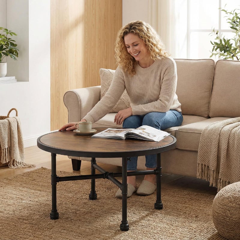 DOFURNILIM Industrial Large Round Wood Coffee Table for Living Room, Modern Farmhouse Center Table with Storage - Circular Wooden Coffee Tables - Image 2