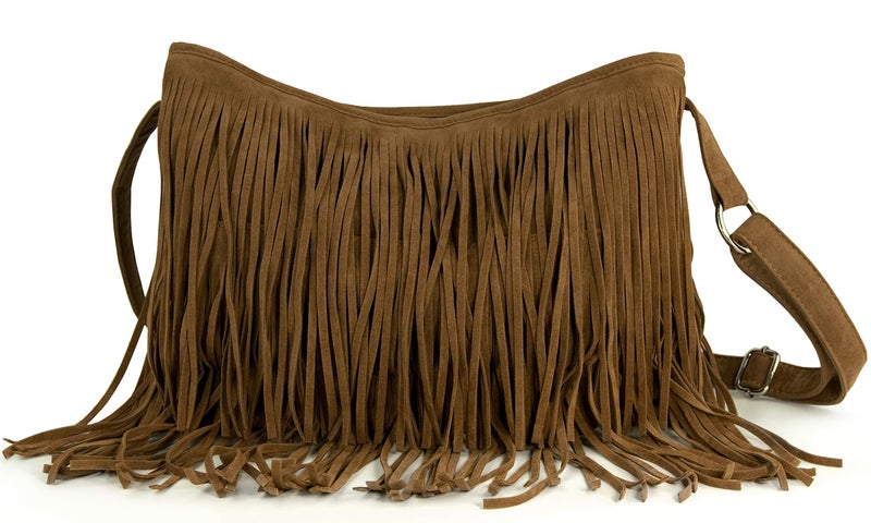 HOXIS Tassel Faux Suede Leather Hobo Cross Body Shoulder Bag Womens Sling Bag (Brown) - Image 1