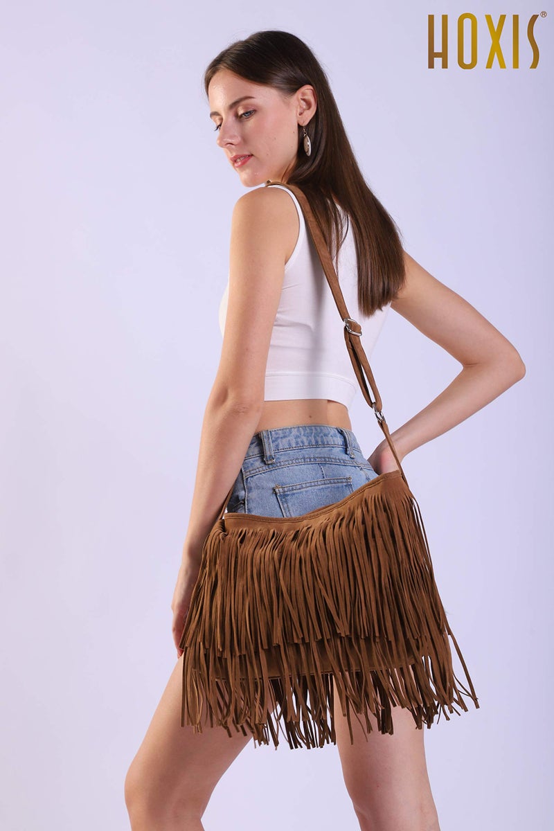 HOXIS Tassel Faux Suede Leather Hobo Cross Body Shoulder Bag Womens Sling Bag (Brown) - Image 2