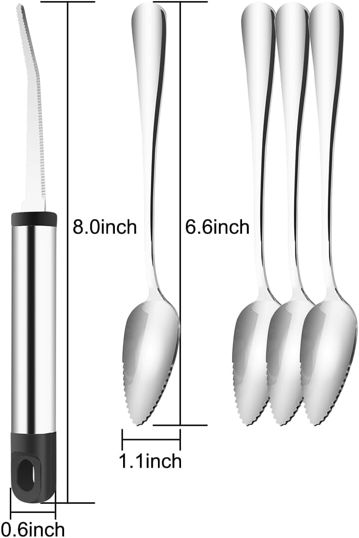 GOODFEER Grapefruit Spoons and Knives, 4 pcs Stainless Steel Spoon and 1 pcs Curved Knife with Serrated Edge, Citrus Fruit Utensils Set for Kiwi Lemon Salads Desserts - Image 2