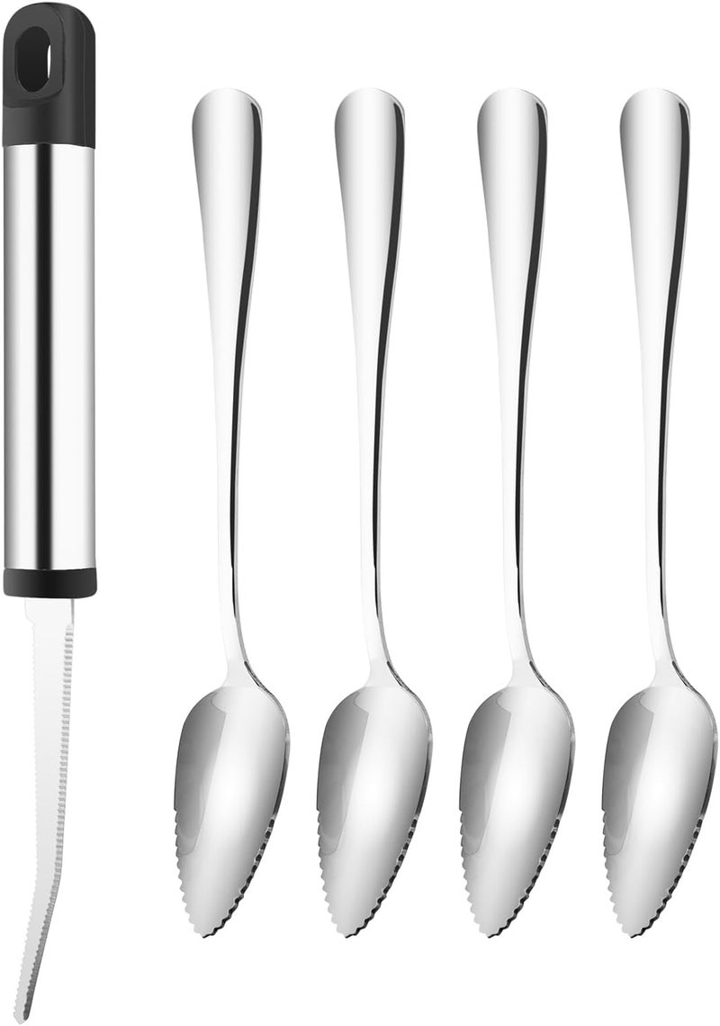 GOODFEER Grapefruit Spoons and Knives, 4 pcs Stainless Steel Spoon and 1 pcs Curved Knife with Serrated Edge, Citrus Fruit Utensils Set for Kiwi Lemon Salads Desserts - Image 1