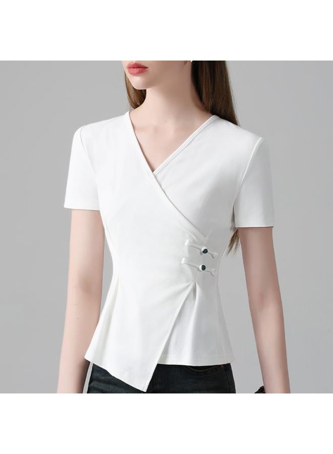 VUELO Short-sleeved T-shirt Women's Summer New Women's Cross V-neck Buckle Cotton T-shirt Irregular Hem Tight Waist Top  - Image 1