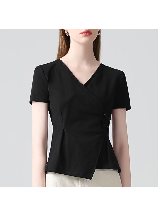 VUELO Short-sleeved T-shirt Women's Summer New Women's Cross V-neck Buckle Cotton T-shirt Irregular Hem Tight Waist Top  - Image 2