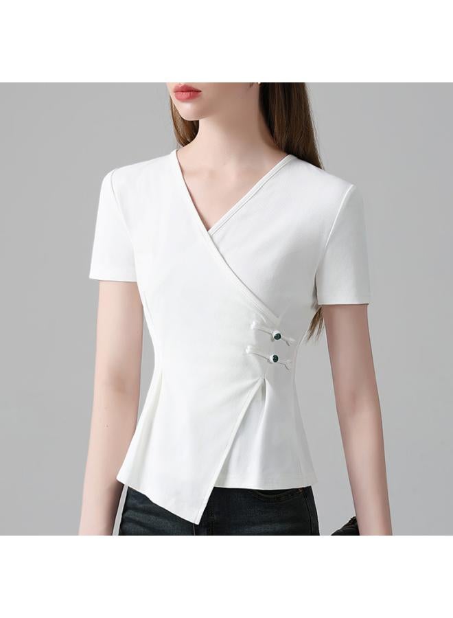 VUELO Short-sleeved T-shirt Women's Summer New Women's Cross V-neck Buckle Cotton T-shirt Irregular Hem Tight Waist Top  - Image 3