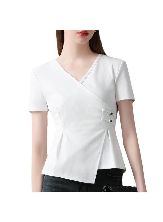 VUELO Short-sleeved T-shirt Women's Summer New Women's Cross V-neck Buckle Cotton T-shirt Irregular Hem Tight Waist Top  - Image 5