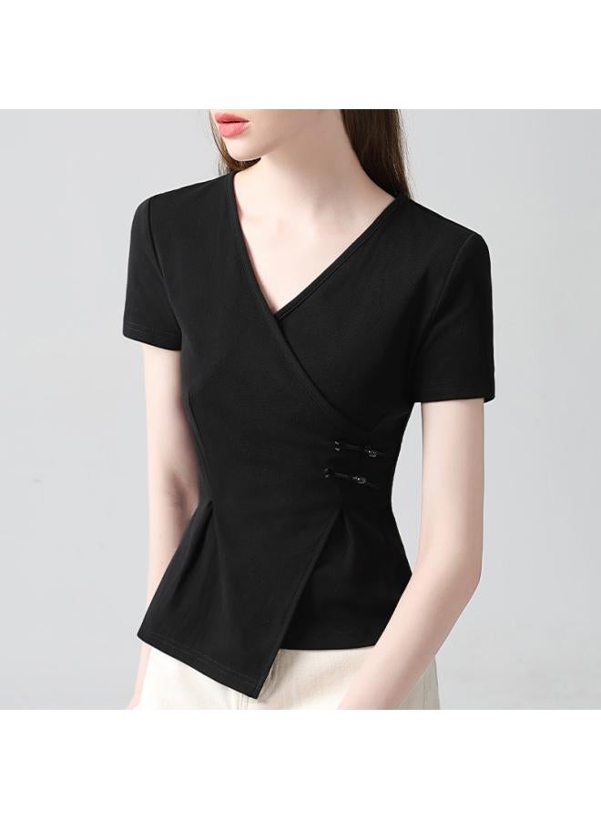 VUELO Short-sleeved T-shirt Women's Summer New Women's Cross V-neck Buckle Cotton T-shirt Irregular Hem Tight Waist Top  - Image 4