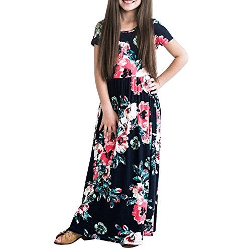 YIJODM Girls Dark Blue Floral Maxi Dress, Short Sleeves with Pockets, Ages 5-12, Spring/Fall - Image 1