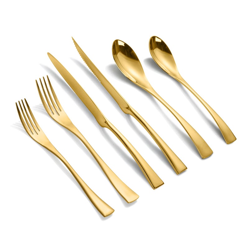 Lemeya 24Piece Gold Silverware Set with Steak KnivesForged 1810 Stainless Steel Cutlery Set for 4Modern Heavy Duty Flatware Utensils SetFork Spoon and Knives Set Mirror PolishedDishwasher Safe