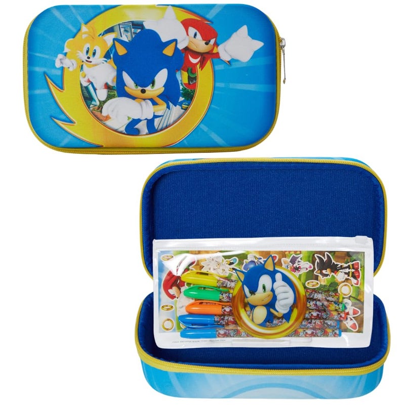 Innovative Designs Sonic the Hedgehog Pencil Case Set with Stickers and Gel Pens for Kids Molded with Zip Closure Blue