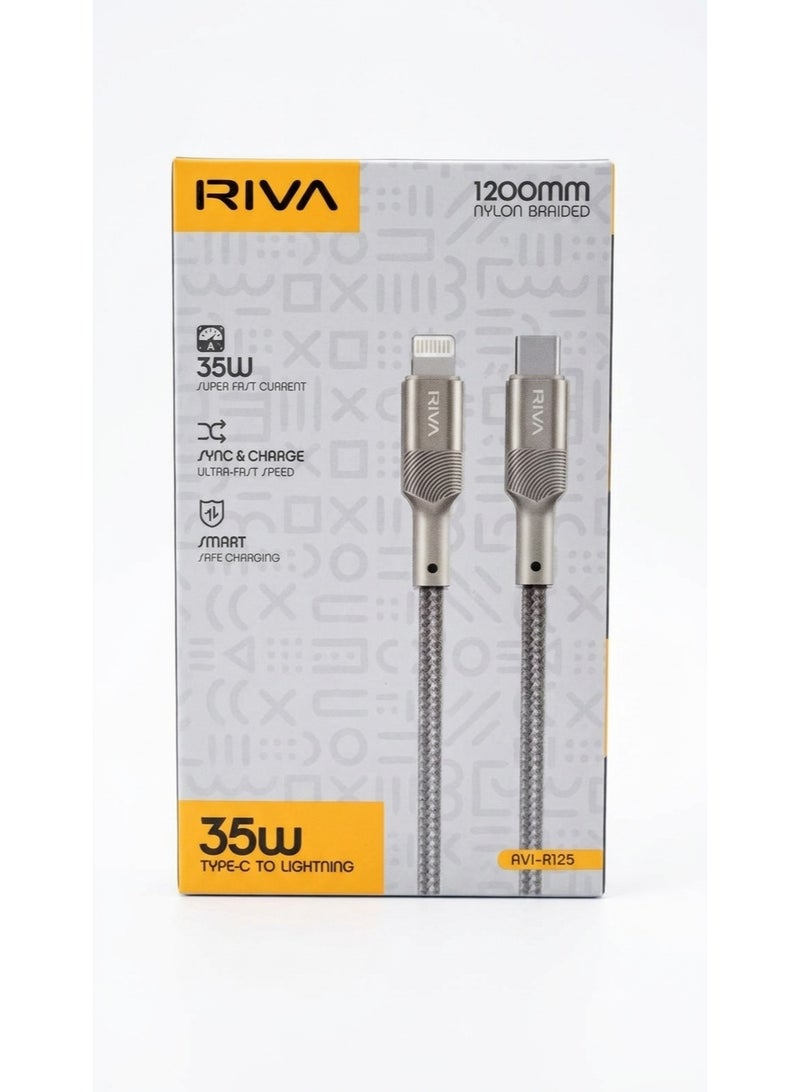 Riva RVI-R125 Type-C to Lightning cable, featuring a 1200mm nylon braided design. - Image 1